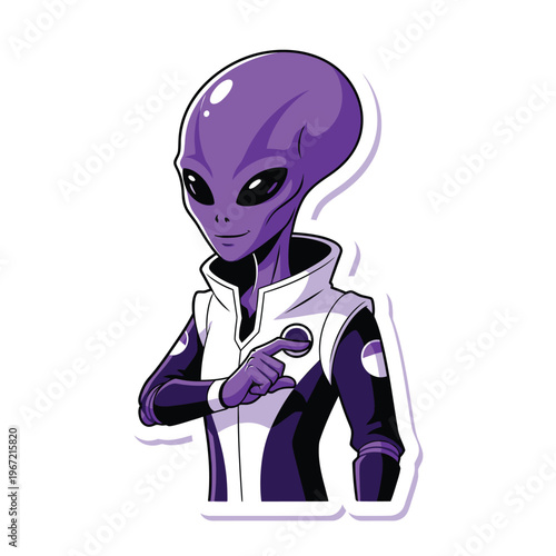 A futuristic purple alien character pointing with one finger. sticker