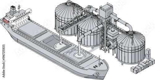 Isometric Illustration of a Bulk Carrier Cargo Ship Loading Grain from Port Silos for Global Export and Logistics