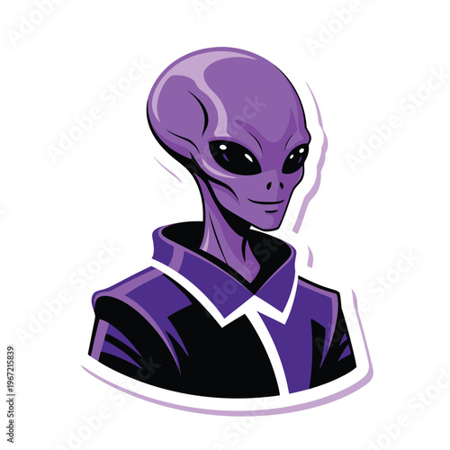A cool purple alien character bust wearing a futuristic collar. sticker