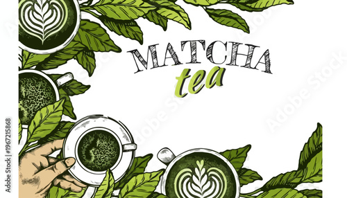 An illustration of matcha tea cups and leaves on a white background