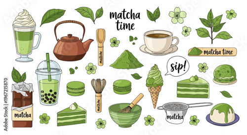 A vibrant collection of matcha green tea desserts and drinks
