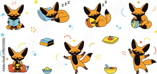 Cute fox daily routine icons set with sleeping reading eating playing activities cartoon animal lifestyle illustration collection