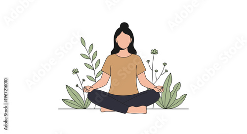 Woman meditating outdoors amongst plants promoting relaxation and well being