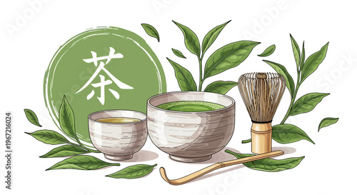A serene illustration of matcha tea and traditional Japanese utensils