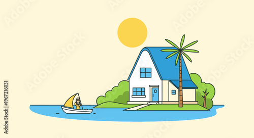 Illustrated house near water with boat and palm tree under a bright sun