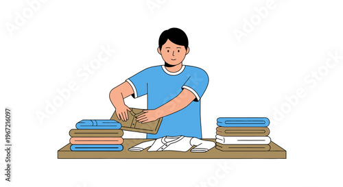 Man folding clothes on a table illustration for lifestyle and domestic tasks