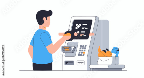 Man using self checkout machine purchasing groceries illustration