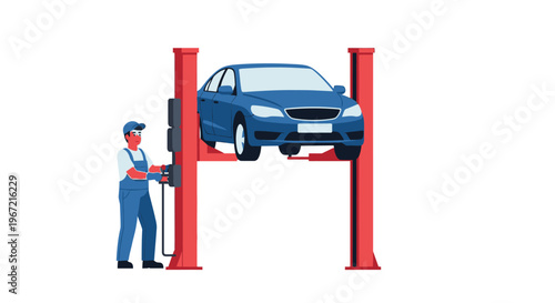 Automobile on a lift with mechanic automotive maintenance and repair concept