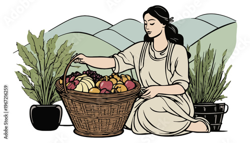 A woman holding a basket of fresh fruits and vegetables outdoors
