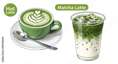 A digital illustration of hot and iced matcha lattes side by side