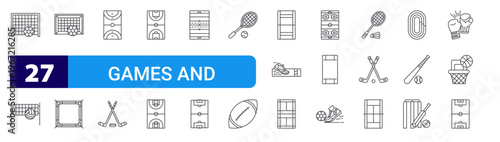 set of 27 thin line games and stadium icons such as handball, volleyball, soccer, boxing ring, handball court, ice hockey, volleyball court, basketball court, rugby. editable stroke vector