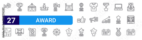 set of 27 thin line award icons such as masquerade, floor plan, award, program, venue, hiring, wine, award, film editable stroke vector illustration isolated on white