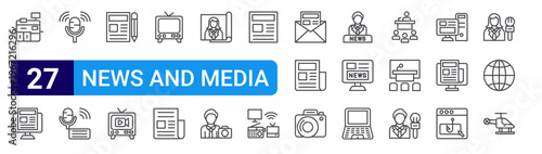set of 27 thin line news and media icons such as printing hine, news, on air, podcast, editor, live broadcast, television, column, magazine. editable stroke vector illustration isolated on white