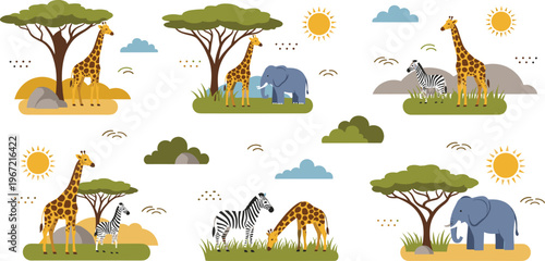 African savanna animals scenes collection with giraffe zebra elephant wildlife nature landscape safari and outdoor illustration set