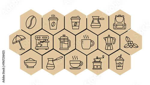 A collection of coffee icons arranged in a honeycomb pattern