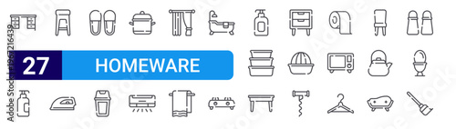 set of 27 thin line homeware icons such as desk, hand sanitizer, stool, iron, slippers, trash bin, cooking pot, ac, curtains. editable stroke vector illustration isolated on white