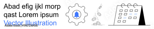 Productivity, scheduling, reminders, workflow, organization, task management. Notification icon inside a gear, calendar with events placeholder text. Productivity and scheduling concept