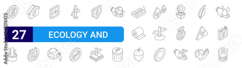 set of 27 thin line ecology and nature icons such as no plastic bottles, cactus, eco home, ecology, toggle button, world water day, wind turbine, no smoking, security. editable stroke vector