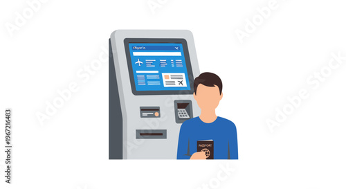 Man at automated kiosk in vector illustration for travel and technology