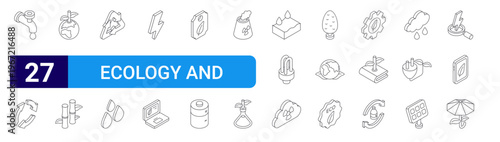 set of 27 thin line ecology and nature icons such as water tap, recycling, ecology and environment, bamboo sticks, recycling, water drop, energy, leaf, eco tag. editable stroke vector illustration