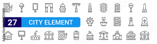 set of 27 thin line city element icons such as gasoline station, home, street lamp, billboard, billboard, factory, gate, court, fire hydrant. editable stroke vector illustration isolated on white