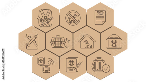A collection of travel related icons on hexagonal cardboard pieces