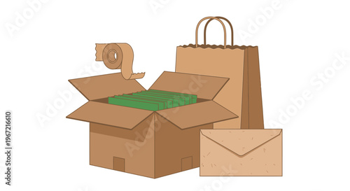 Cardboard box with contents and packaging materials illustration on white
