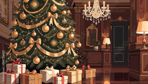 Luxurious Christmas Tree in Elegant Classic Interior with Golden Ornaments and Gift Boxes