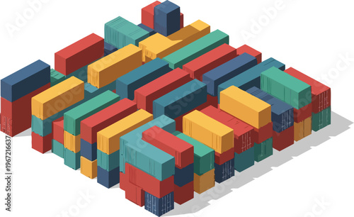 Isometric Colorful Shipping Containers Stacked, Logistics and Global Trade Concept Isolated on White