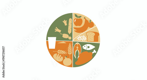 Healthy eating guide icon with illustrations of food groups and nutrition