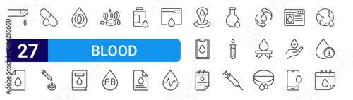 set of 27 thin line blood icons such as glucosemeter, medical result, booster, plates, type, science book, red blood cells, blood type ab, iron. editable stroke vector illustration isolated on white