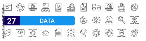 set of 27 thin line data icons such as search engine, decision making, cloud tings, cloud computing, computer tings, microservices, file management, secure, seo report. editable stroke vector