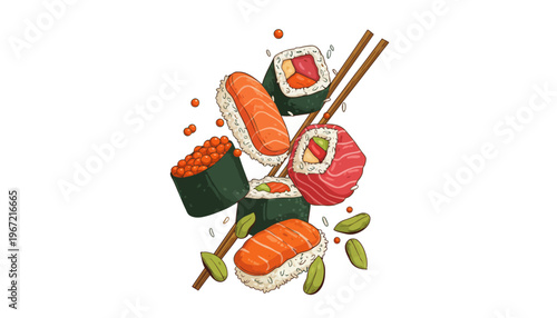 A vibrant illustration of sushi rolls and sashimi with chopsticks