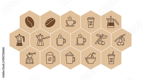 A collection of coffee icons on a wooden hexagonal background