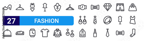 set of 27 thin line fashion icons such as hills, beanie, hanger, sneaker, bra, watch, mannequin, t shirts, necklace. editable stroke vector illustration isolated on white