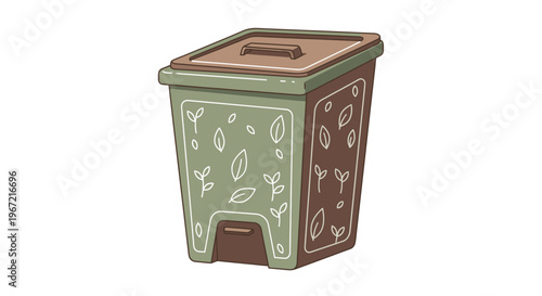 Illustrated composting bin with lid and leaves for waste management and recycling