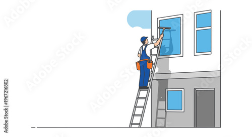 Window cleaner on ladder washing building facade windows daytime illustration