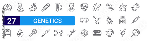 set of 27 thin line genetics icons such as twins, report, flask, blood, cell, research, test, pipette, swab. editable stroke vector illustration isolated on white