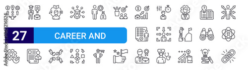 set of 27 thin line career and leadership icons such as outsorcing, skills, internship, resume and cv, hobbies, teamwork, study, adaptation, money management. editable stroke vector illustration