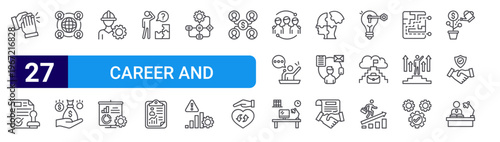 set of 27 thin line career and leadership icons such as clap, validation, enterprise, income, engineer, project management, alzheimer, user evaluation, site map. editable stroke vector illustration