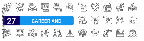 set of 27 thin line career and leadership icons such as innovation, result, care, strategic plan, meeting, conflict, training, leadership, membership. editable stroke vector illustration isolated on