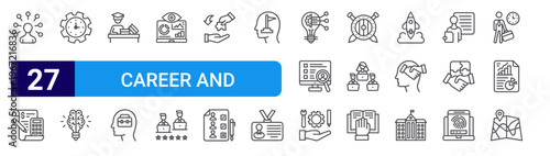 set of 27 thin line career and leadership icons such as skills, budget, time management, innovative, study, career path, visulization, employee, partnership. editable stroke vector illustration