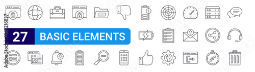 set of 27 thin line basic elements icons such as unlocked, menu, internet, tabs, briefcase, add reminder, locked, full battery, folder. editable stroke vector illustration isolated on white