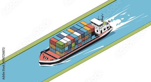 Isometric Container Ship Navigating Narrow Canal - Global Trade and Logistics Vector Illustration