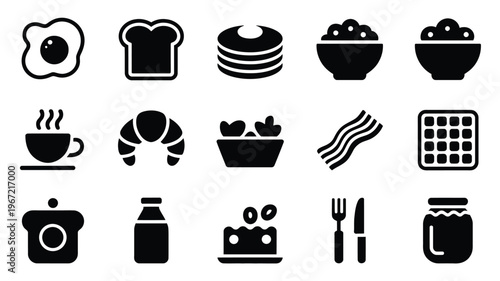 Collection of stylized black silhouette icons representing various breakfast food items and drinks including a fried egg toast pancakes cereal bowls coffee cup croissant bacon