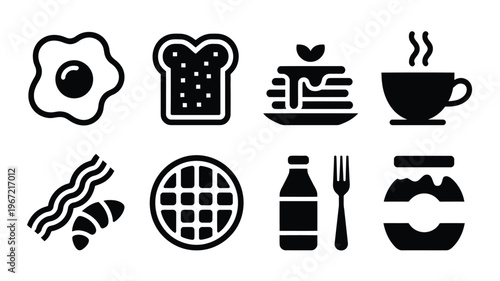 Diverse collection of black silhouette icons representing a wholesome breakfast meal including fried egg toast pancakes coffee bacon waffle milk and jam ideal for culinary