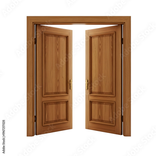 Open double wooden door, classic natural wood entrance concept, realistic object cutout suitable for architecture, interior, and design, isolated on white or transparent background. PNG format.