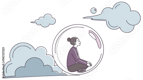 Mental health self care concept with calm person sitting inside protective bubble among clouds minimal illustration