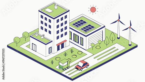 Sustainable smart city concept with green buildings solar panels wind turbines and eco transport isometric illustration