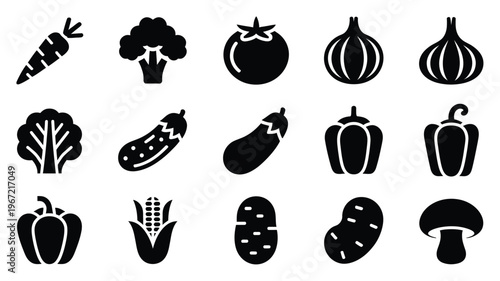 Vegetable icons bundle with silhouette illustrations of carrots broccoli tomatoes onions peppers mushrooms and more on white background